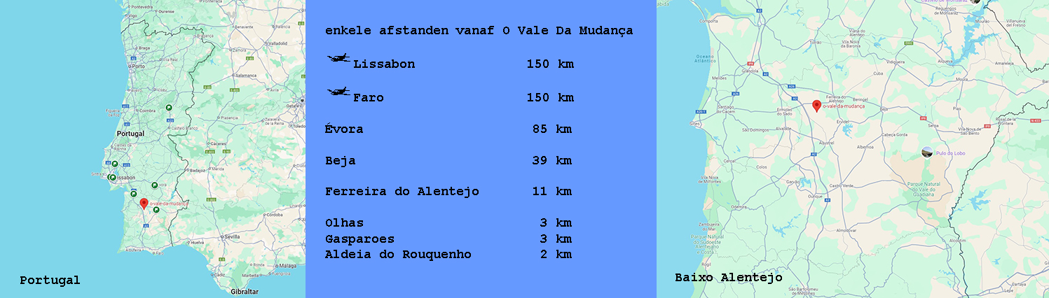 infographic van Portugal en Alentejo met afstanden tot diverse plaatsen zoals Lissabon en Faro